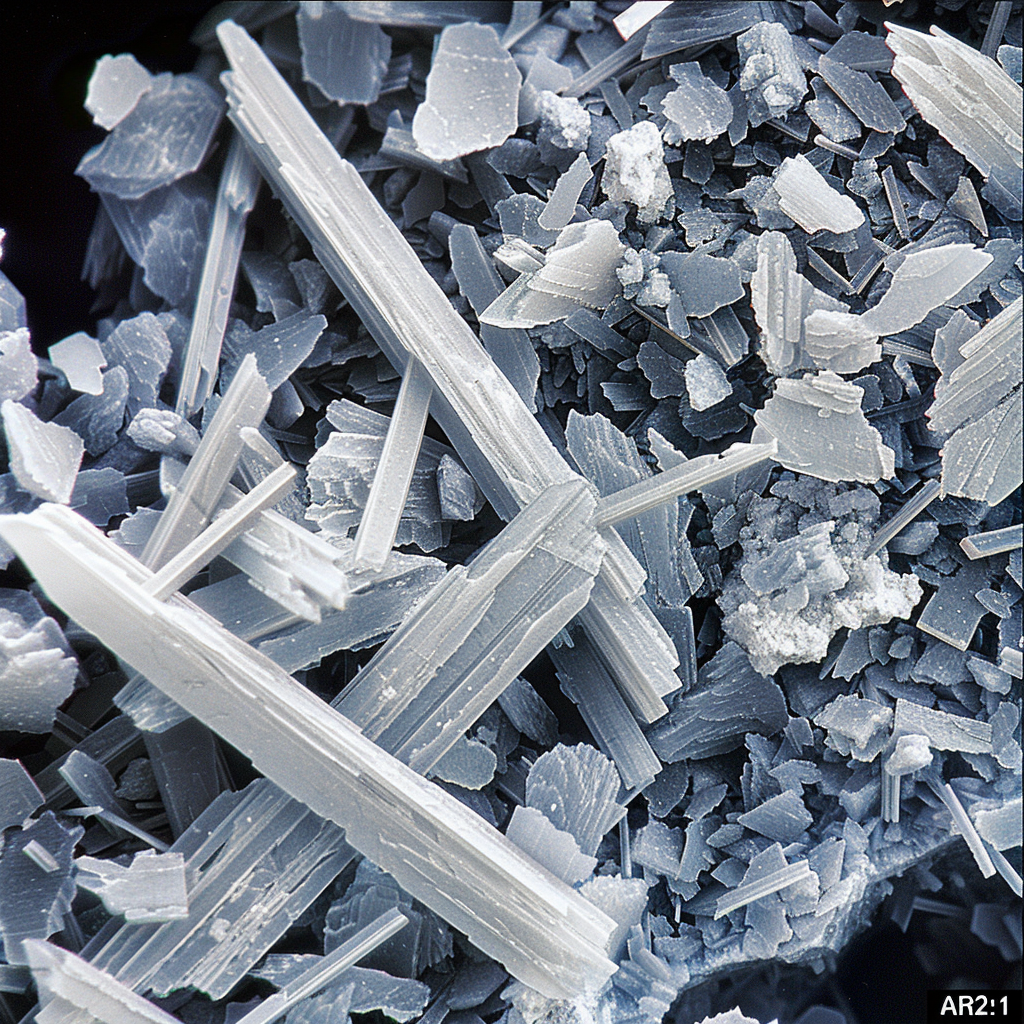 Close-up of asbestos fibers in building material